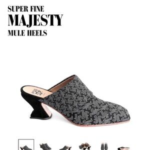John Fluevog Black JF Patterned Superfine Majesty Mule Heels. SOLD OUT ONLINE